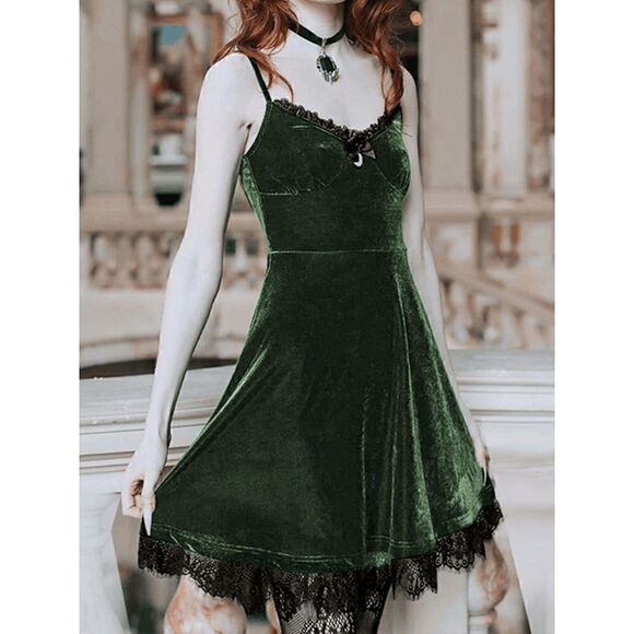 Gothic Lolita Vintage Retro Lace Trim Green Velvet Party Slip Dress SIZE L NEW - Picture 12 of 16